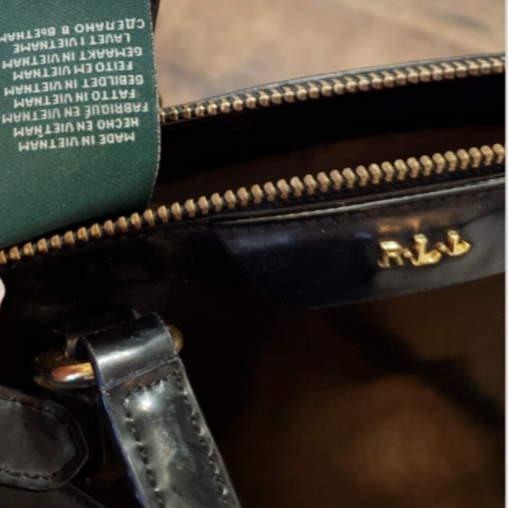 LRL RALPH LAUREN GLAZED LEATHER SATCHEL HAND BAG with GOLD Logo HARDWARE - Picture 13 of 16